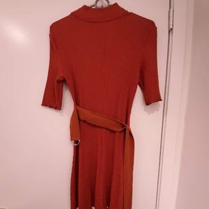 Dark Orange Belted A-Line Dress